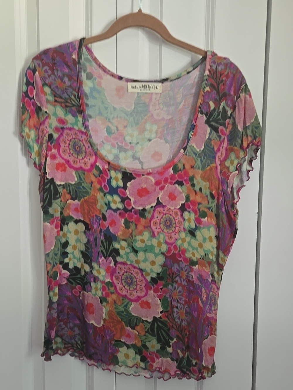 NATURAL LIFE Floral Scoop Neck Short Sleeve Top - Pink, Purple, Green Large